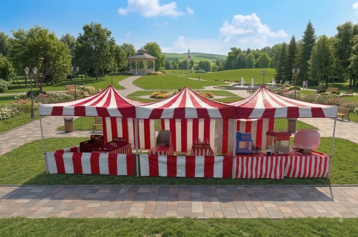 Three red-and-white striped carnival booths set up side by side on grass in a park, loaded with games, a popcorn machine and a cotton candy spinner