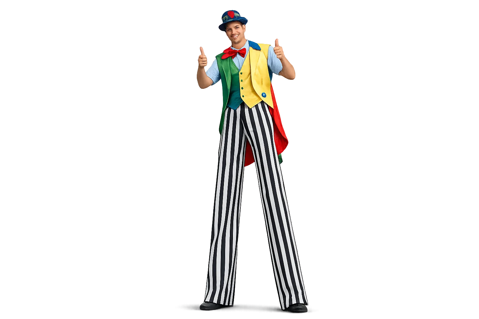 A stilt walker in a striped jester costume walking through a crowd of guests with kids looking up and pointing