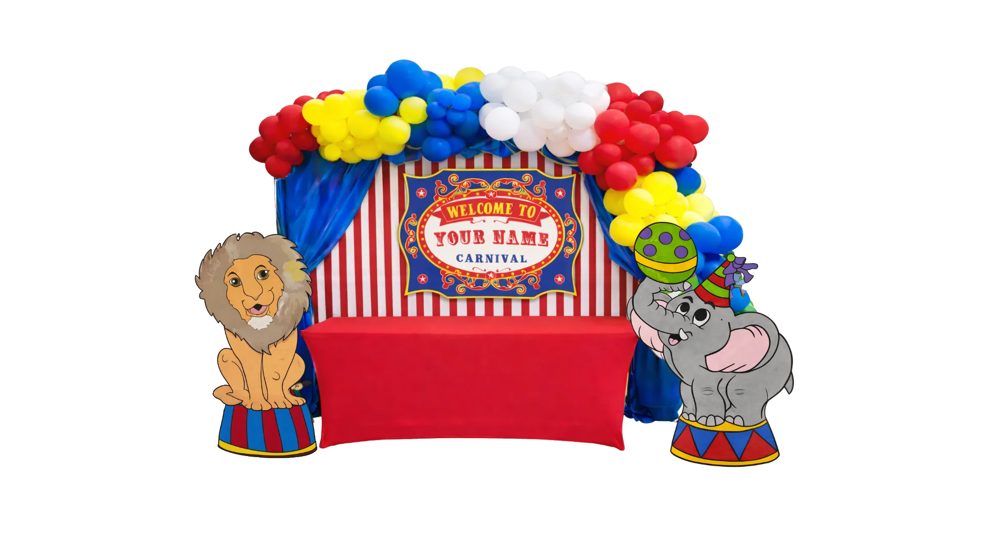 A themed event entrance in Commerce with a tall balloon arch, custom pennants strung overhead, and a photo backdrop framing a row of striped carnival booths