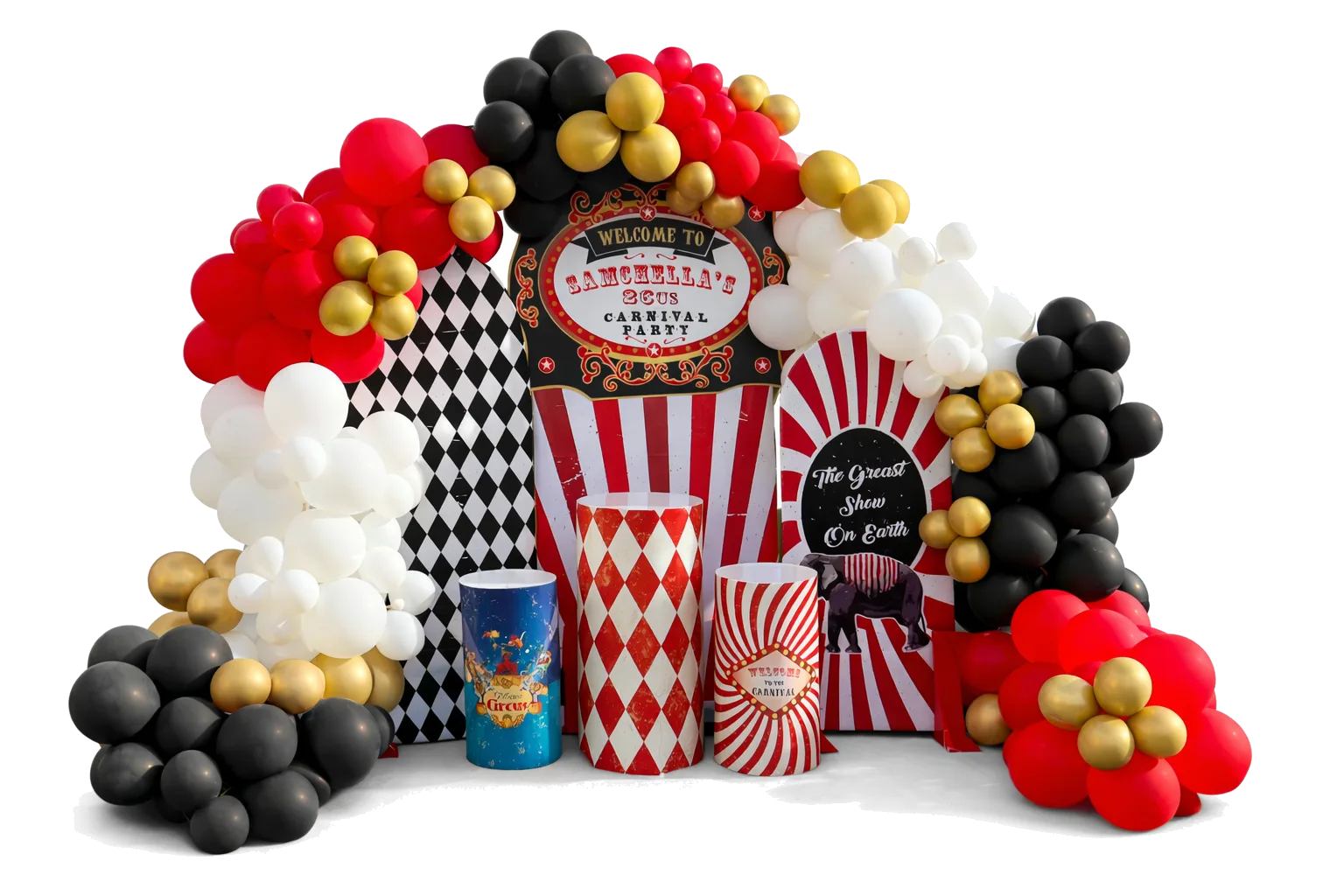 An entrance archway with balloon columns, custom pennants, and a themed welcome sign at a community event in a Commerce park