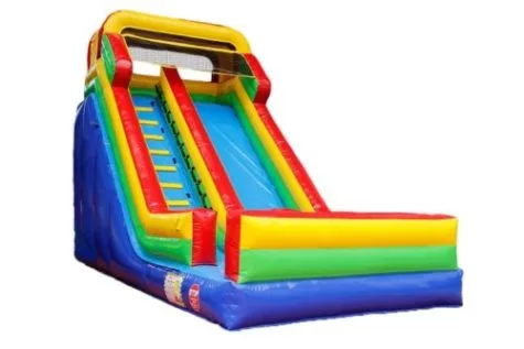 A large commercial combo bounce house with a slide set up on a green lawn for a backyard birthday party in Carson, CA